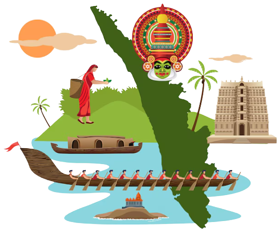 Kerala cultural scene — snake boat race, Kathakali, coconut palms, temple